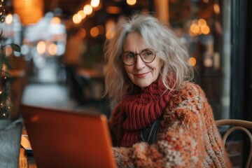 older woman smile face using a laptop