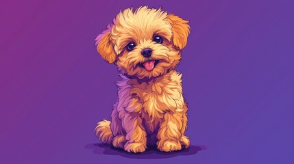  a small brown dog sitting on top of a purple and purple background next to a pink and purple background with a small dog sitting on top of it's legs.