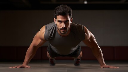 Fototapeta na wymiar Young arab man exercising on yoga mat strengthening abs muscles during domestic workout free space