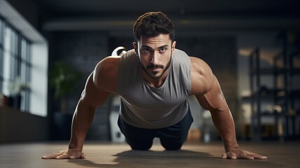 Young arab man exercising on yoga mat strengthening abs muscles during domestic workout free space - obrazy, fototapety, plakaty