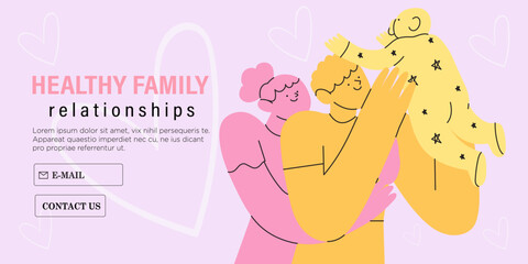 Happy family hug. Parents with cuddle embrace with love, support. Mother, father, newborn baby spend time together. Bonding relationship concept. Flat vector illustration in simple abstract style.