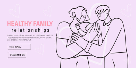 Happy family hug. Parents with cuddle embrace with love, support. Mother, father, newborn baby spend time together. Bonding relationship concept. Flat vector illustration in simple abstract style.
