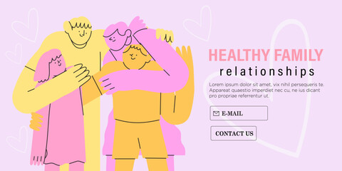 Happy family hug or posing. Parents and kids embrace with love, support. Mother, father, children spend time together. Bonding relationship concept. Flat vector illustration in simple abstract style.