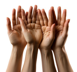 group raising hands isolated on transparent background, generative ai