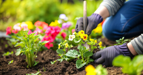 A gardener is planting flowers in a beautiful garden like paradise. There are various plants and flowers in the garden. Peaceful atmosphere.