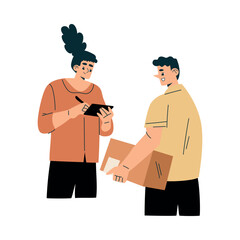 Man Delivery Courier Give Cardboard Box to Woman Customer Vector Illustration