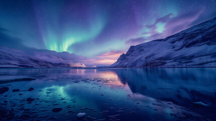 Naklejka premium Vivid aurora borealis over a snowy mountain landscape