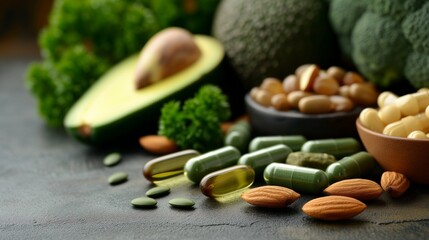 A health-focused image showcasing magnesium supplement capsules alongside natural magnesium-rich foods such as sliced avocado, fresh broccoli, and a variety of nuts like almonds and cashews. - obrazy, fototapety, plakaty