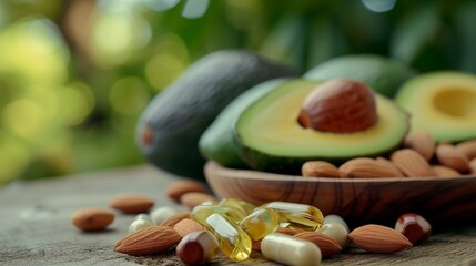 A health-focused image showcasing magnesium supplement capsules alongside natural magnesium-rich foods such as sliced avocado, fresh broccoli, and a variety of nuts like almonds and cashews. - obrazy, fototapety, plakaty