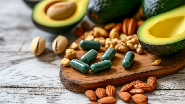 A health-focused image showcasing magnesium supplement capsules alongside natural magnesium-rich foods such as sliced avocado, fresh broccoli, and a variety of nuts like almonds and cashews.