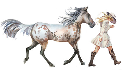Watercolor hand painted cowgirl and horse clipart isolated on a white background. Wild West design. Ranch concept illustration. Woman and horse painting. © Victoria