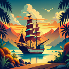 Sailing ship on the seashore at sunset. Vector illustration EPS 10