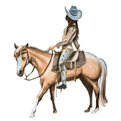Watercolor hand painted cowgirl and horse clipart isolated on a white background. Wild West design. Ranch concept illustration. Woman and horse painting. © Victoria