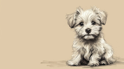  a drawing of a small white dog sitting on a floor next to a brown wall and a black and white drawing of a small white dog sitting on the floor.