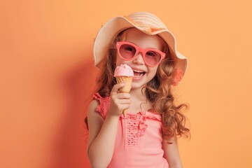Smiling little girl in hat and pink glasses eating ice cream on pink background