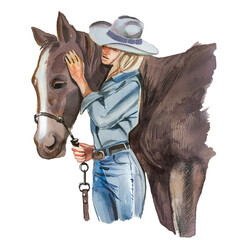 Watercolor hand painted cowgirl and horse clipart isolated on a white background. Wild West design. Ranch concept illustration. Woman and horse painting. © Victoria