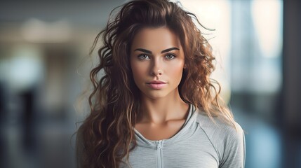 Young sporty woman with long hair in a gray top