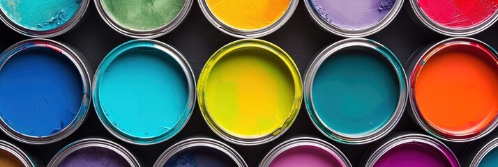 Overhead panoramic wide shot of colorful paint in paint cans