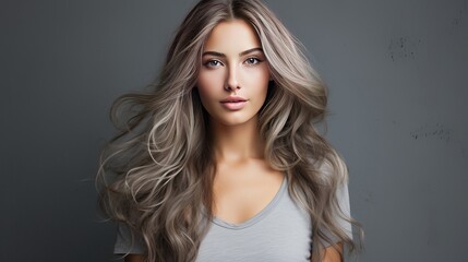 Young sporty woman with long hair in a gray top