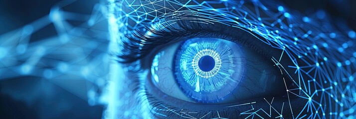 AI vision and retinal scanning concept in blue - obrazy, fototapety, plakaty