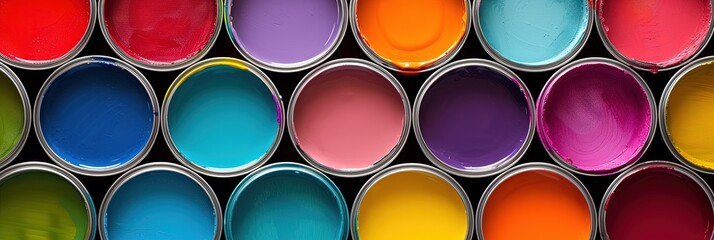 Paint cans filled with colorful paint