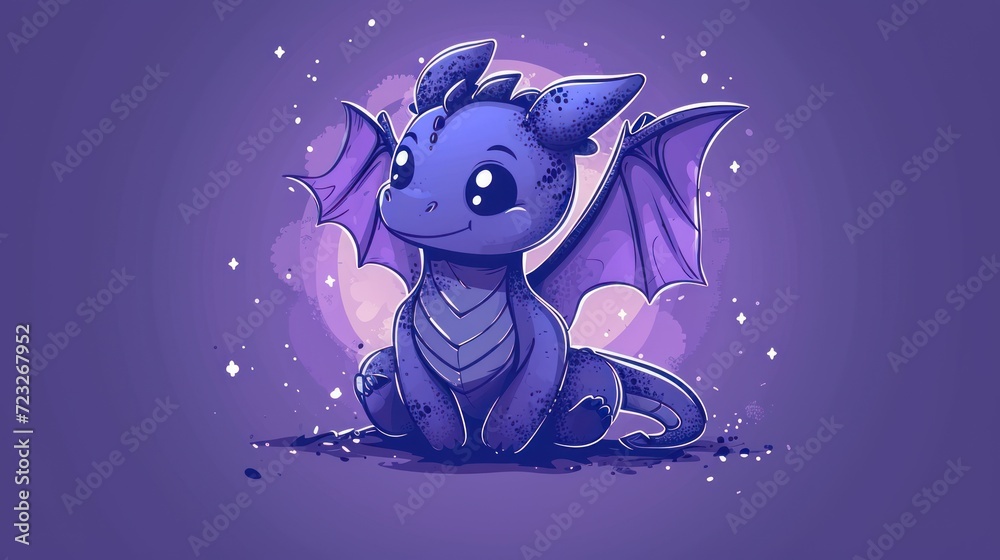 Wall mural a purple dragon sitting on the ground with its wings spread out and eyes closed, with stars in the s