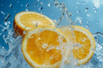 A splash of water on freshly sliced orange slices on a blue background, a splash of freshness