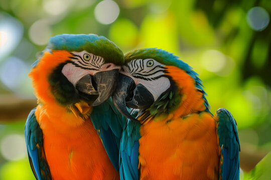 AI Generated Image. Two cute macaw birds in love