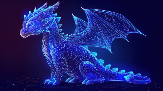 a neon blue dragon sitting on top of a blue surface with lines and dots in the background and a black background with lines and dots in the bottom half of the image.
