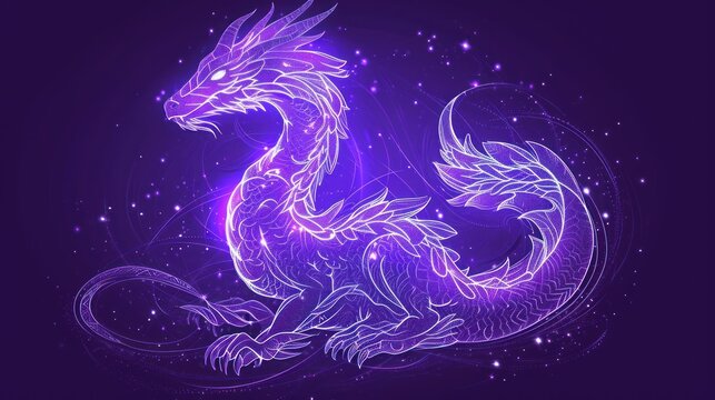  a blue and purple dragon sitting on top of a purple background with a lightening effect in the middle of it's body and the image is in the shape of the shape of a rectangle of a circle.