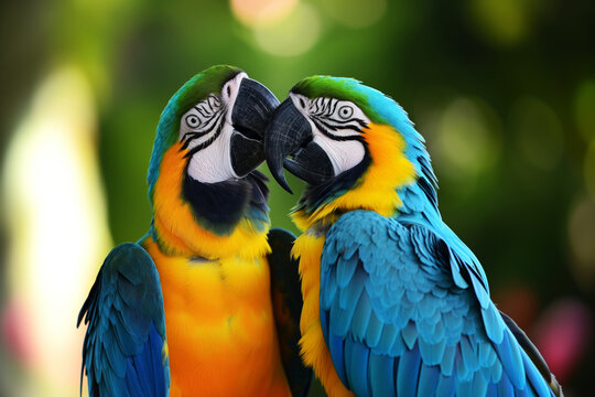 AI Generated Image. Two cute macaw birds in love