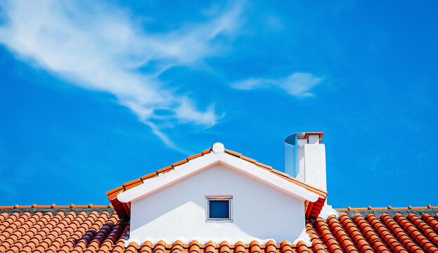 Roof shingles with garret house on top of the house. red Ceramic tiles on the roof background