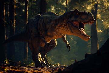 AI Generated Image. Tyrannosaurus rex hunting in nature