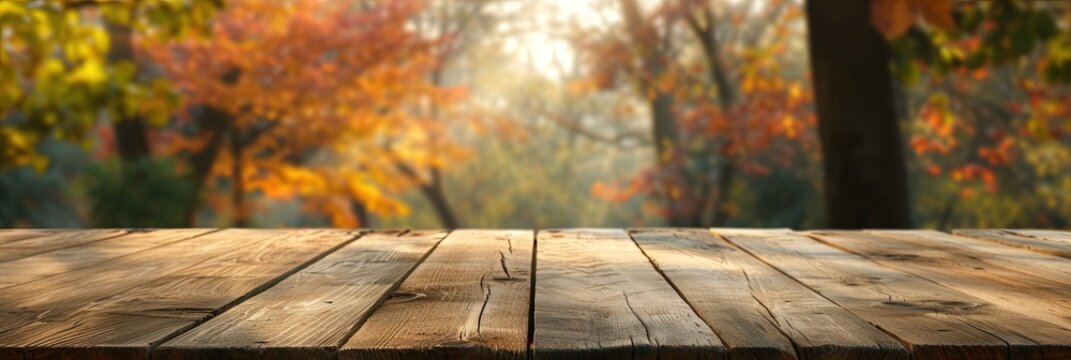 Wooden Table With Seasonal Autumn Outdoor Weather Blurred Behind It