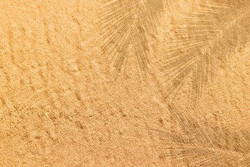 Tropical palm leaves shadow effect on beach sand. Palm leaf silhouette over brown sand surface. Natural pattern summer texture background with copy space - obrazy, fototapety, plakaty