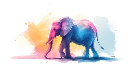  a painting of an elephant standing in front of a yellow and pink paint splattered background with a splash of blue and pink on it's left side.