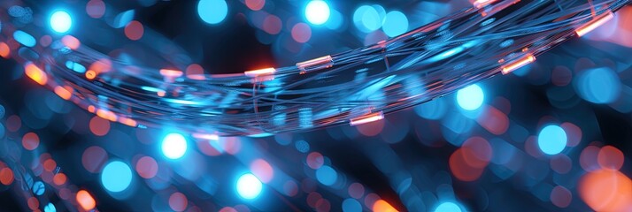 Glowing fiber optic broadband cables carrying internet data