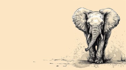  a black and white drawing of an elephant standing in a field with grass and dirt on the ground and a light yellow background behind the elephant is looking at the camera.