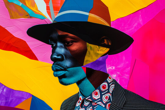 AI Generated Image. Pop art portrait of the trendy black man made of collage papers