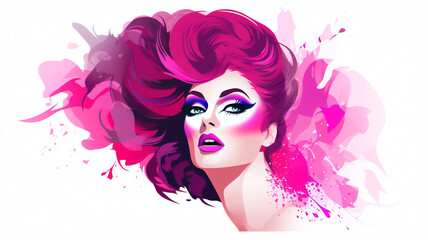 Drag queen silhouette who are usually a gay males who cross dress and wear heavy make up to expressive themselves in an artistic performance at a glamourous nightclub, stock illustration image