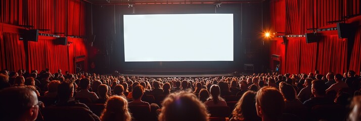 Crowded theater watching movie screen. Blank screen