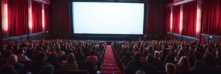 Crowded theater watching movie screen. Blank screen - obrazy, fototapety, plakaty