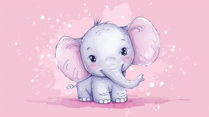  a drawing of a baby elephant on a pink background with a splash of paint on it's face and a pink background with a pink background with white dots.
