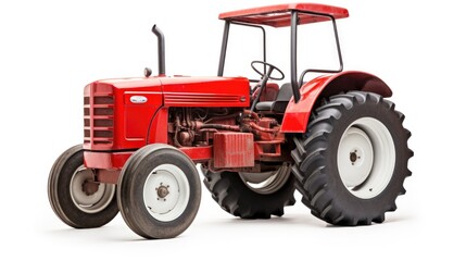 Red Tractor Isolated on White Background. Agricultural Farm Equipment Closeup for Industrial Use
