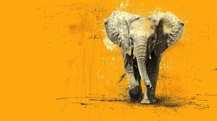  a painting of an elephant walking on a yellow and black background with a splash of paint on the side of the elephant's back end of it's body.
