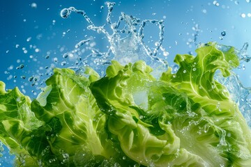 Splashing water on fresh lettuce leaves, levitating green lettuce on blue background
