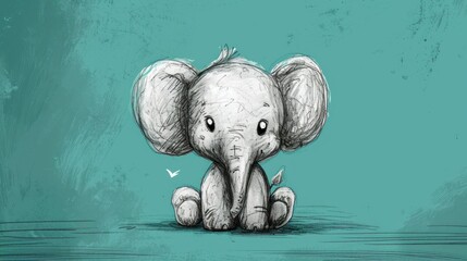  a drawing of a baby elephant sitting on the ground with a butterfly flying by it's side in front of a teal background with a white outline of an elephant's head.
