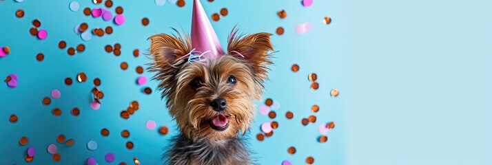 Happy yorkshire terrier yorkie puppy dog wearing birthday hat with colorful confetti on blue background and plenty of copy space