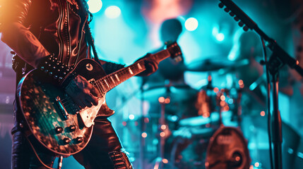 A rock band performing live on stage with electric guitars drums and vibrant lighting. - obrazy, fototapety, plakaty
