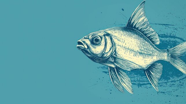  a drawing of a fish on a blue background with a black outline of a fish in the bottom corner of the image and a white outline of a fish in the bottom corner of the image.